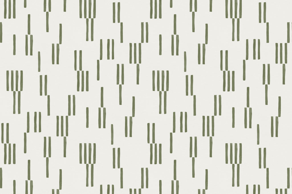 Flat pattern view of The Brushmark Column wallpaper in mossy green, showing the hand-painted vertical dashes