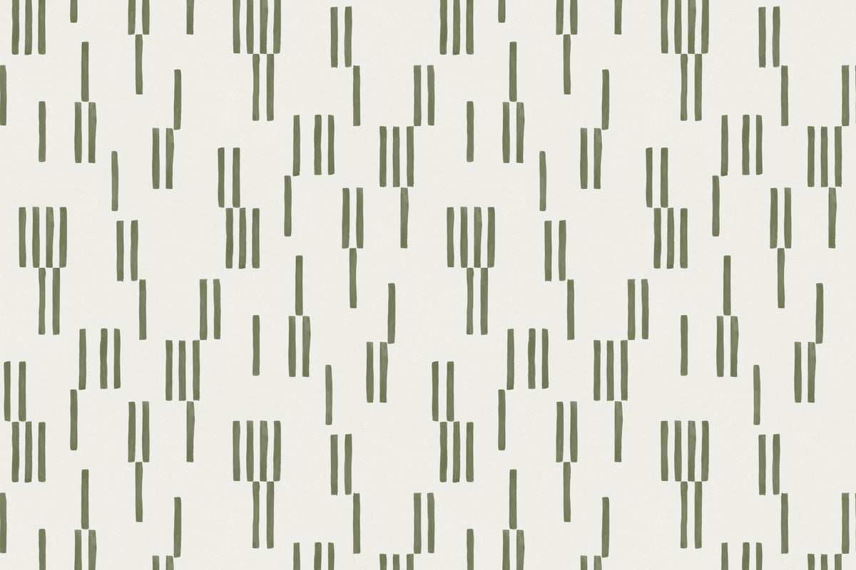 Flat pattern view of The Brushmark Column wallpaper in mossy green, showing the hand-painted vertical dashes
