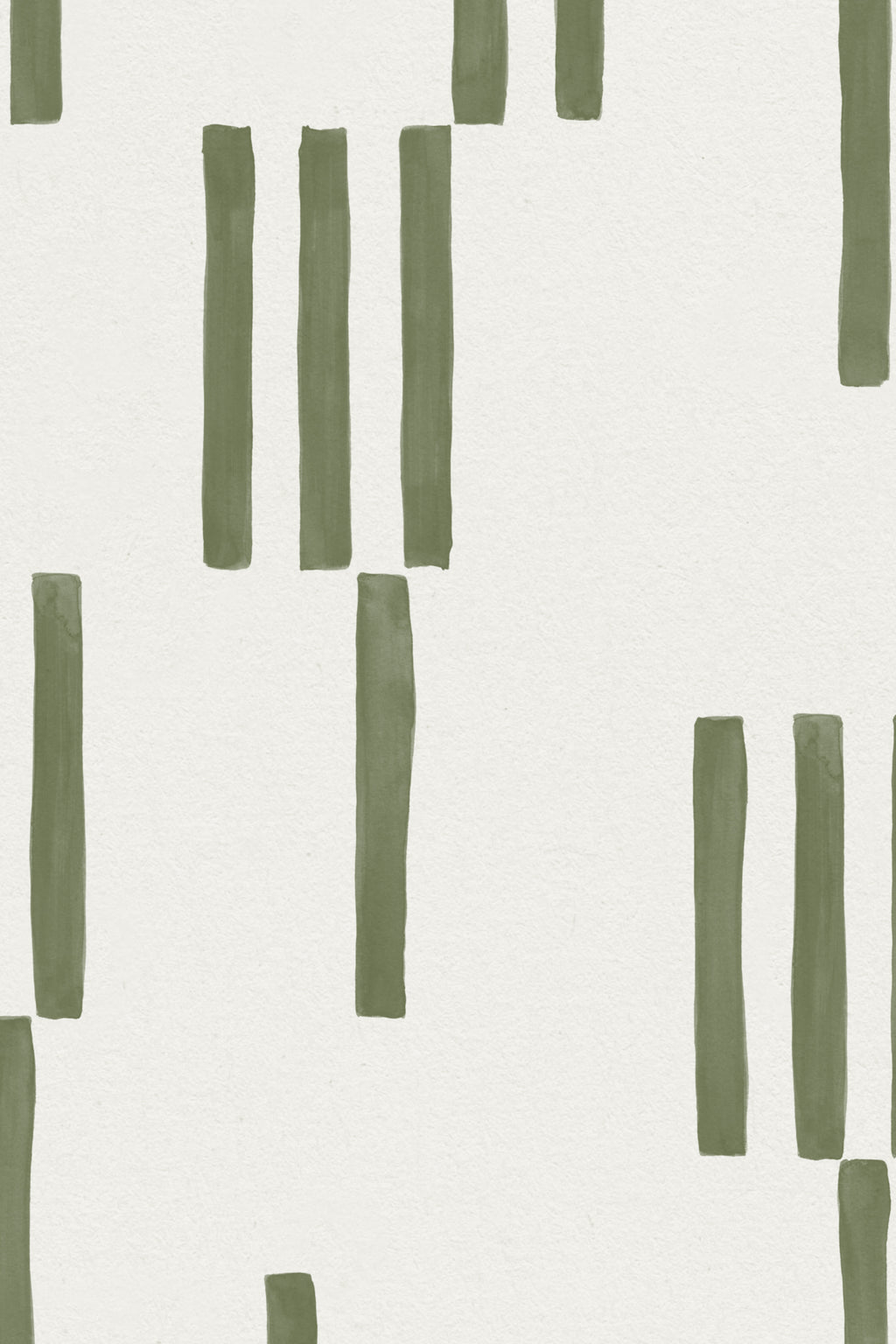 Close-up of The Brushmark Column wallpaper in mossy green showing the hand-painted vertical dashes in detail