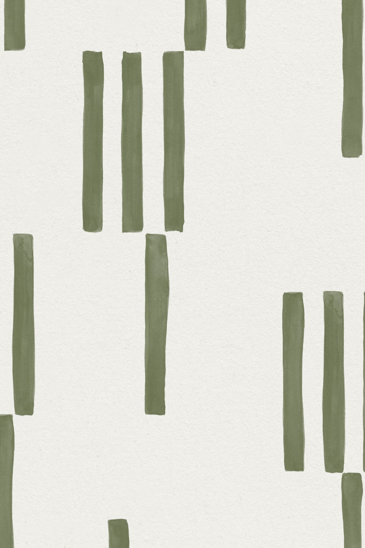 Close-up of The Brushmark Column wallpaper in mossy green showing the hand-painted vertical dashes in detail