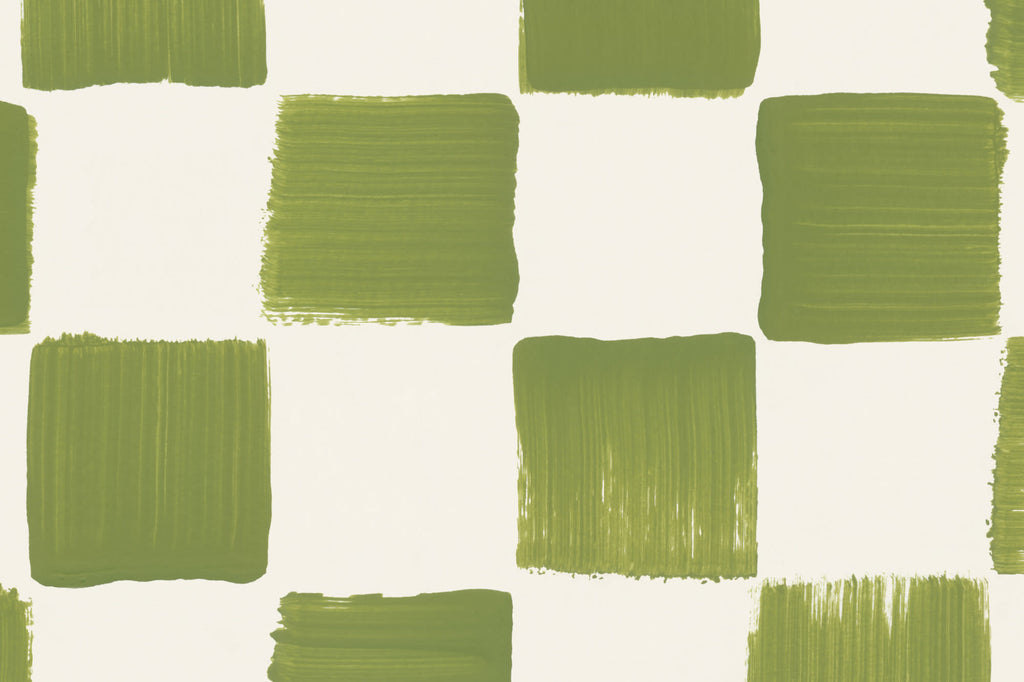 Flat pattern view of The Brushstroke Chequer wallpaper in olive moss, showing the hand-painted chequerboard