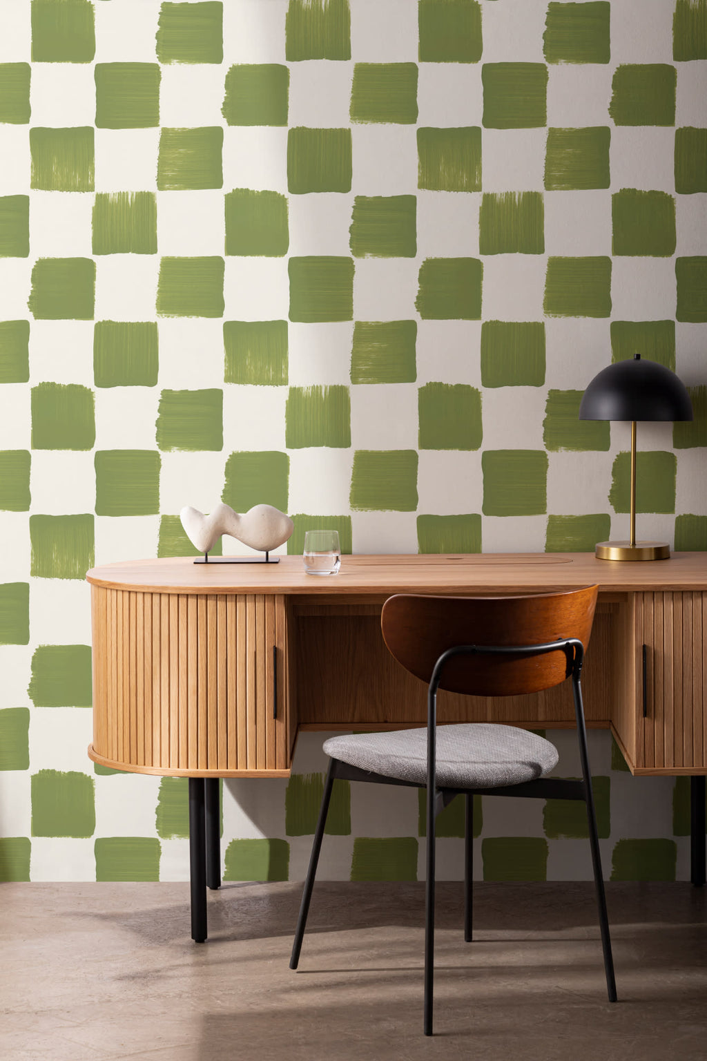 The Brushstroke Chequer wallpaper in olive moss in a study corner with a desk