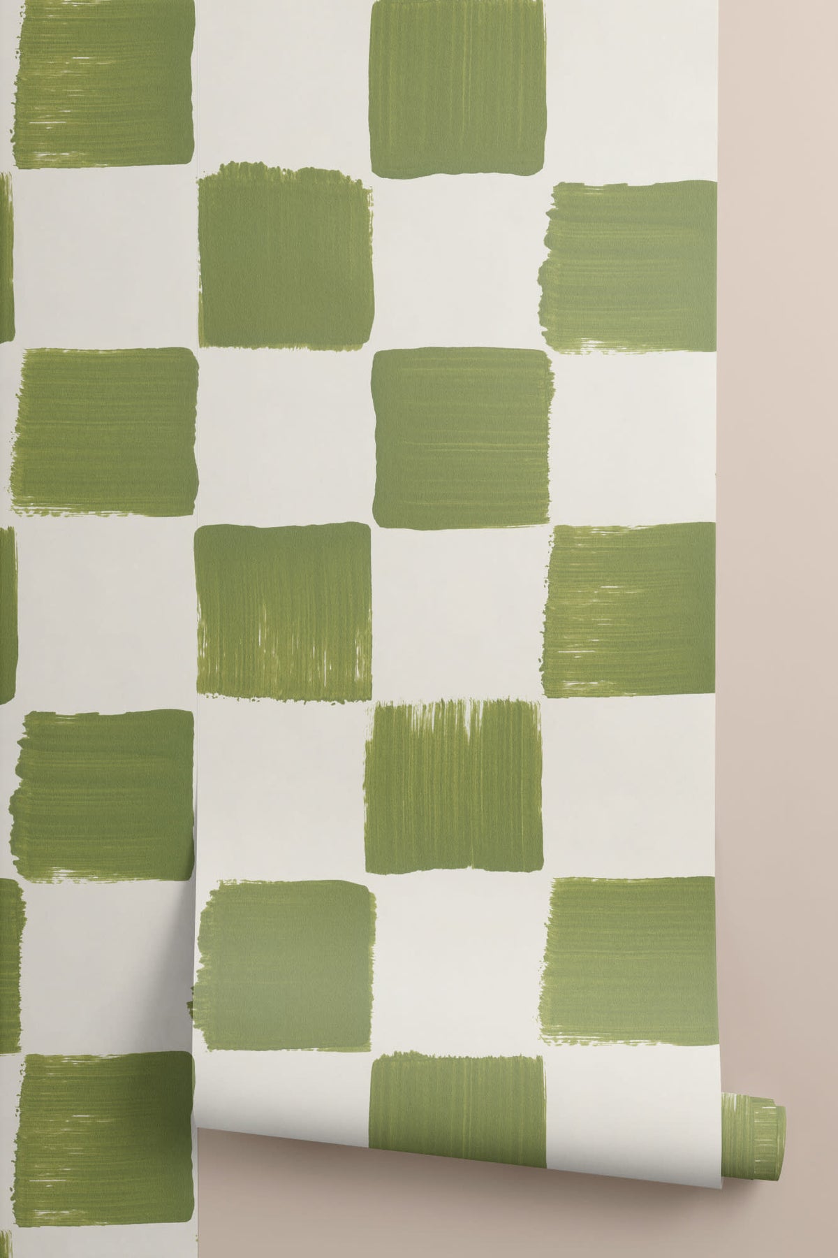 Roll of The Brushstroke Chequer wallpaper in olive moss, another angle