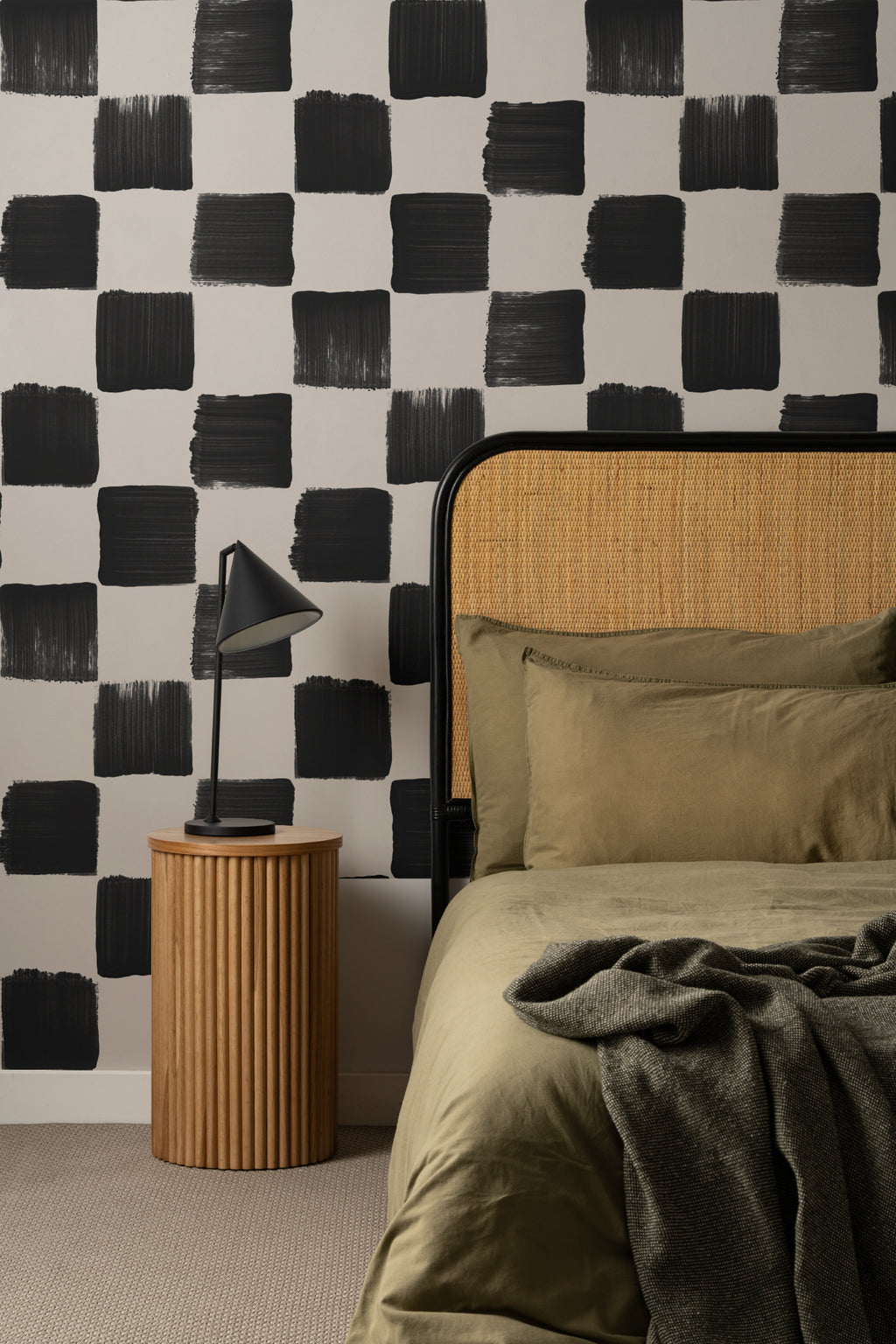 The Brushstroke Chequer wallpaper in onyx and beige in a living room