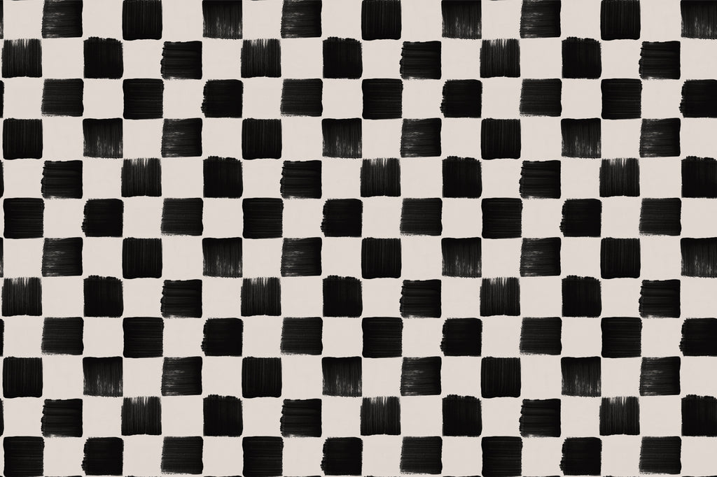 Flat pattern view of The Brushstroke Chequer wallpaper in onyx and beige, showing the hand-painted chequerboard