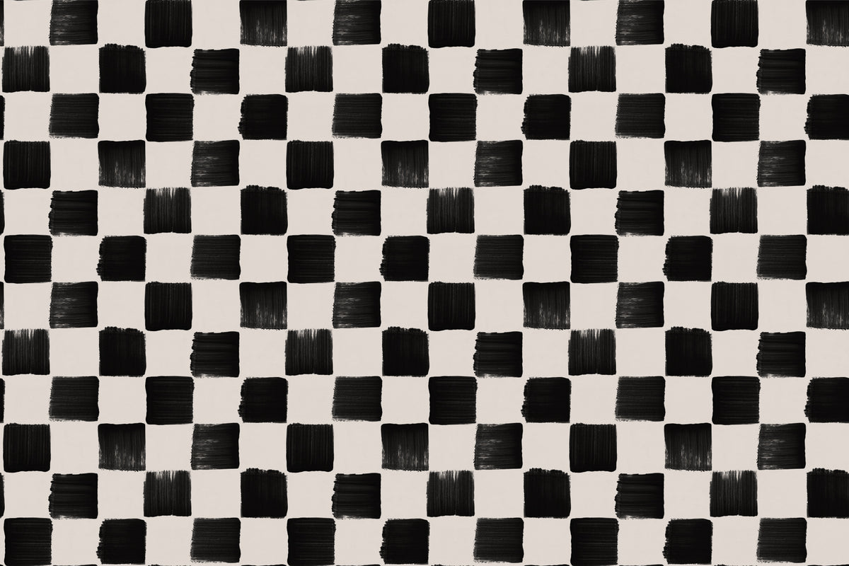 Flat pattern view of The Brushstroke Chequer wallpaper in onyx and beige, showing the hand-painted chequerboard