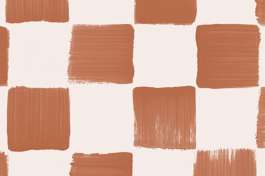 Flat pattern view of The Brushstroke Chequer wallpaper in terracotta, showing the hand-painted chequerboard