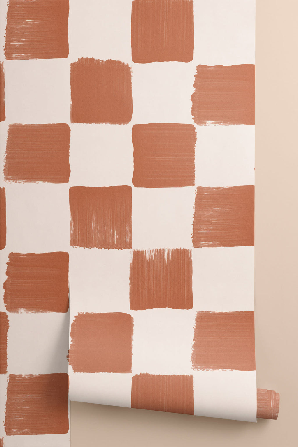 Roll of The Brushstroke Chequer wallpaper in terracotta, another angle