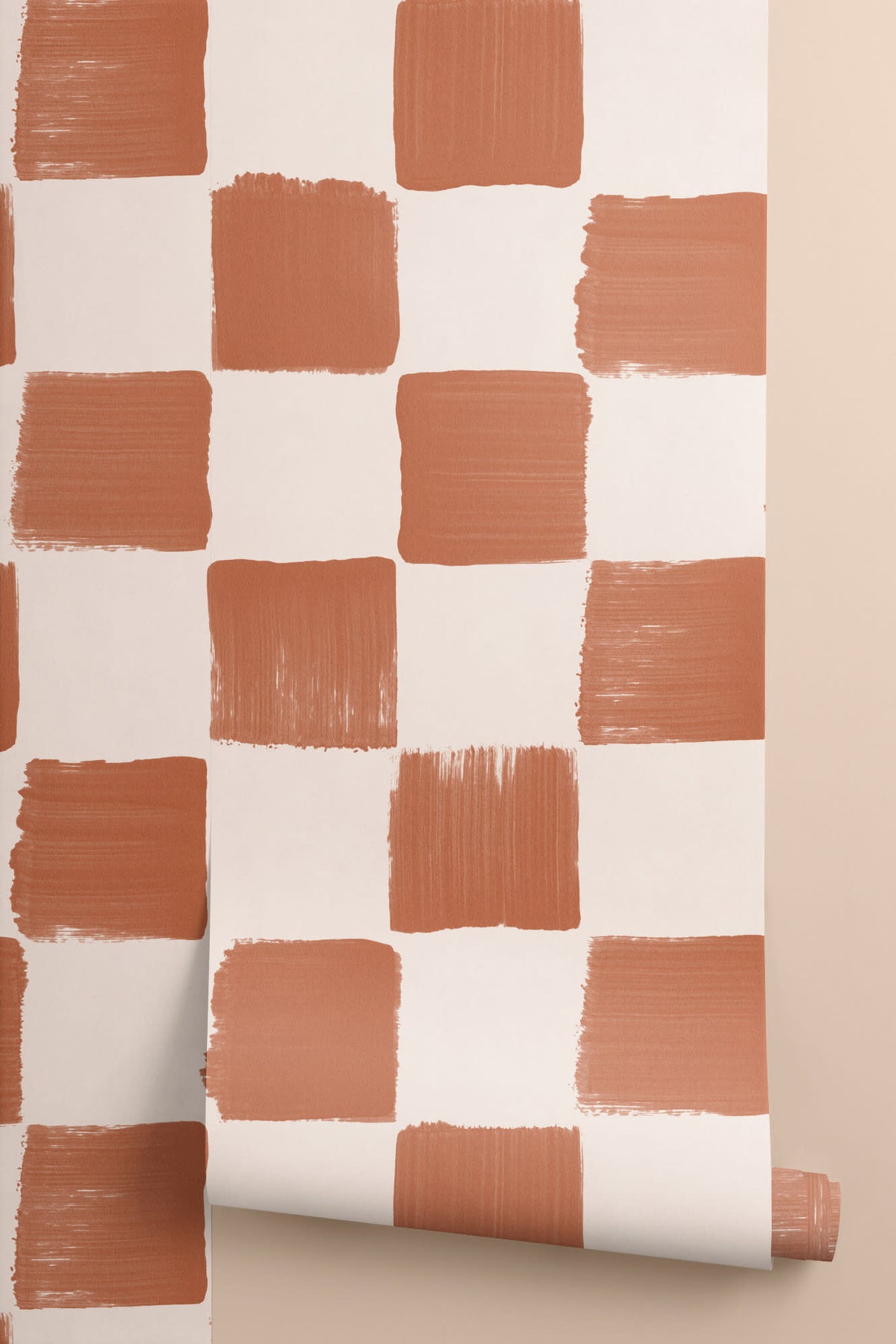 Roll of The Brushstroke Chequer wallpaper in terracotta, another angle