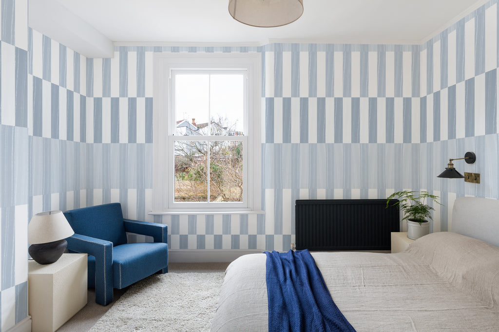 The Cabana Block mural in ice blue in a living room