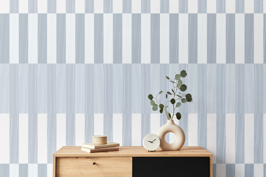 The Cabana Block mural in ice blue behind a styled console