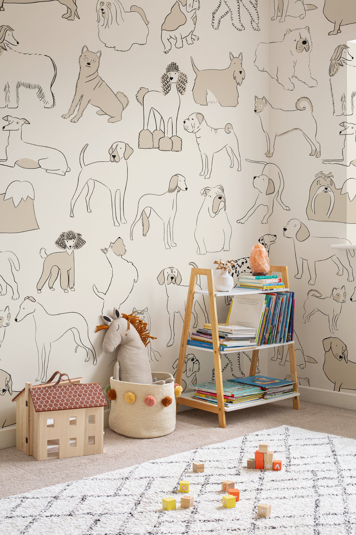 The Canine Portraits mural in oat and cream in a child's bedroom