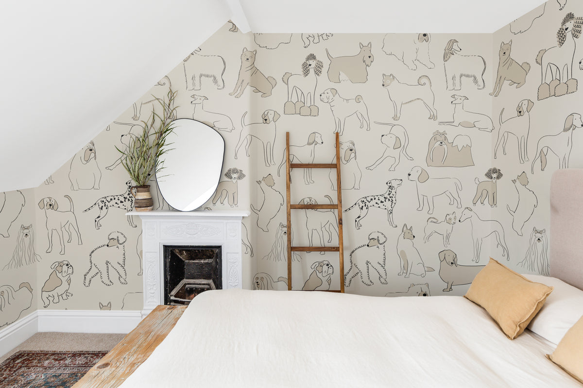 The Canine Portraits mural in oat and cream behind the bed in a bedroom
