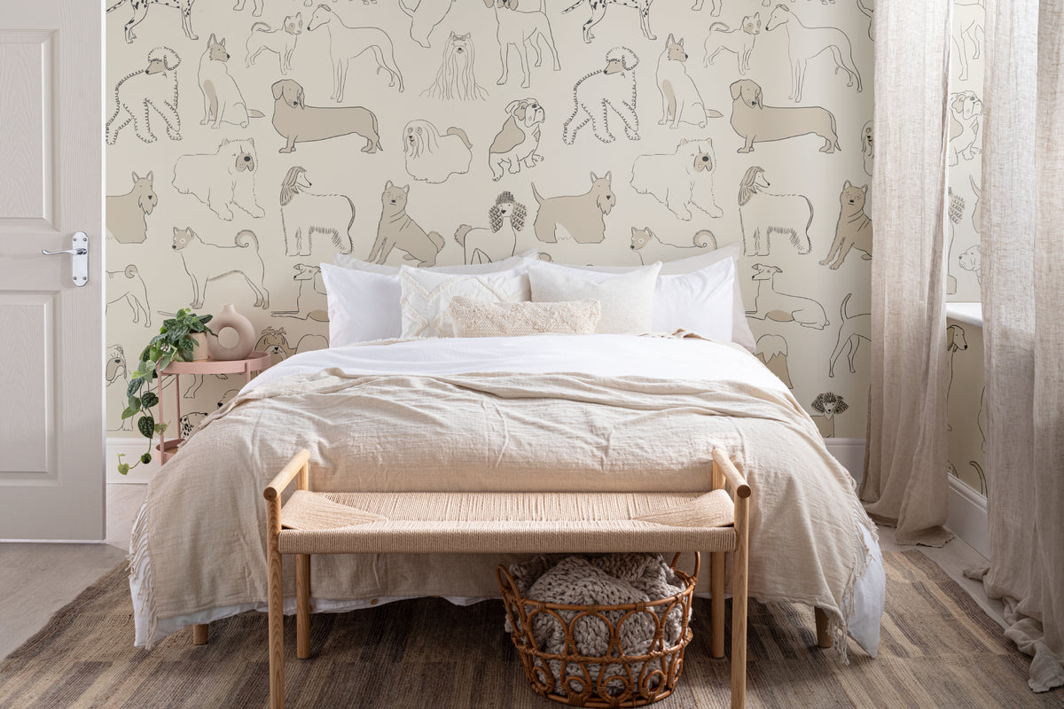 The Canine Portraits mural in oat and cream in a calm bedroom setting