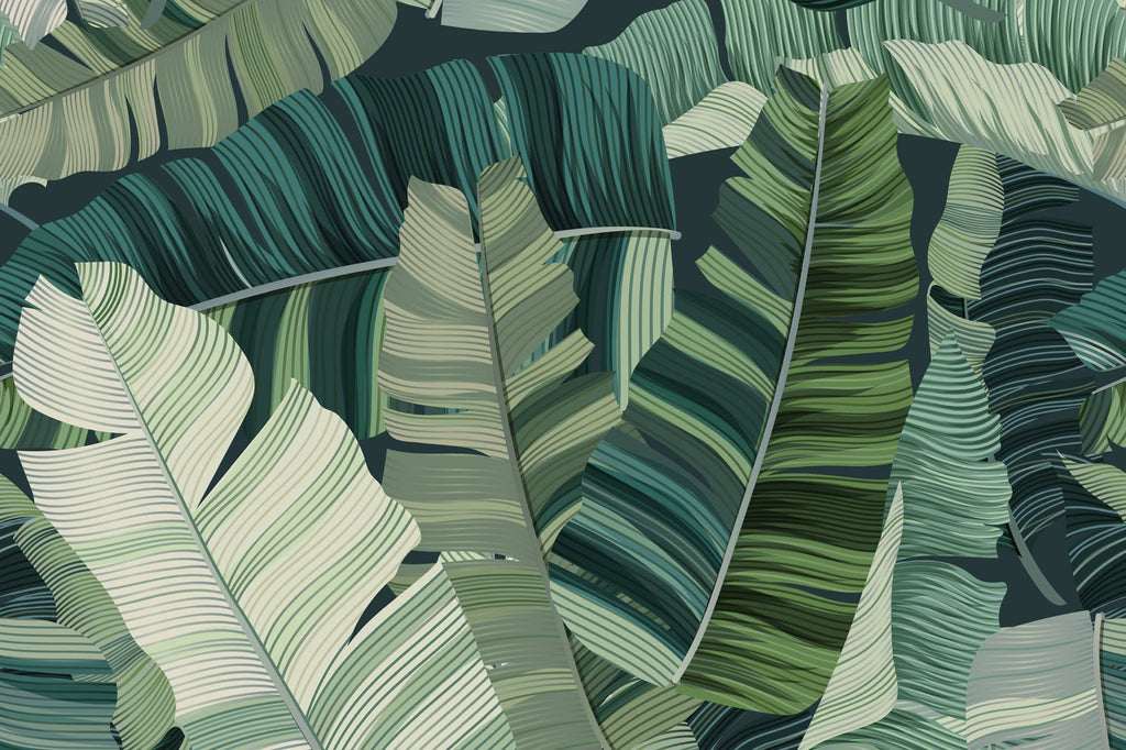 Full artwork view of The Canopy Layers mural in lush green, showing layered tropical leaves