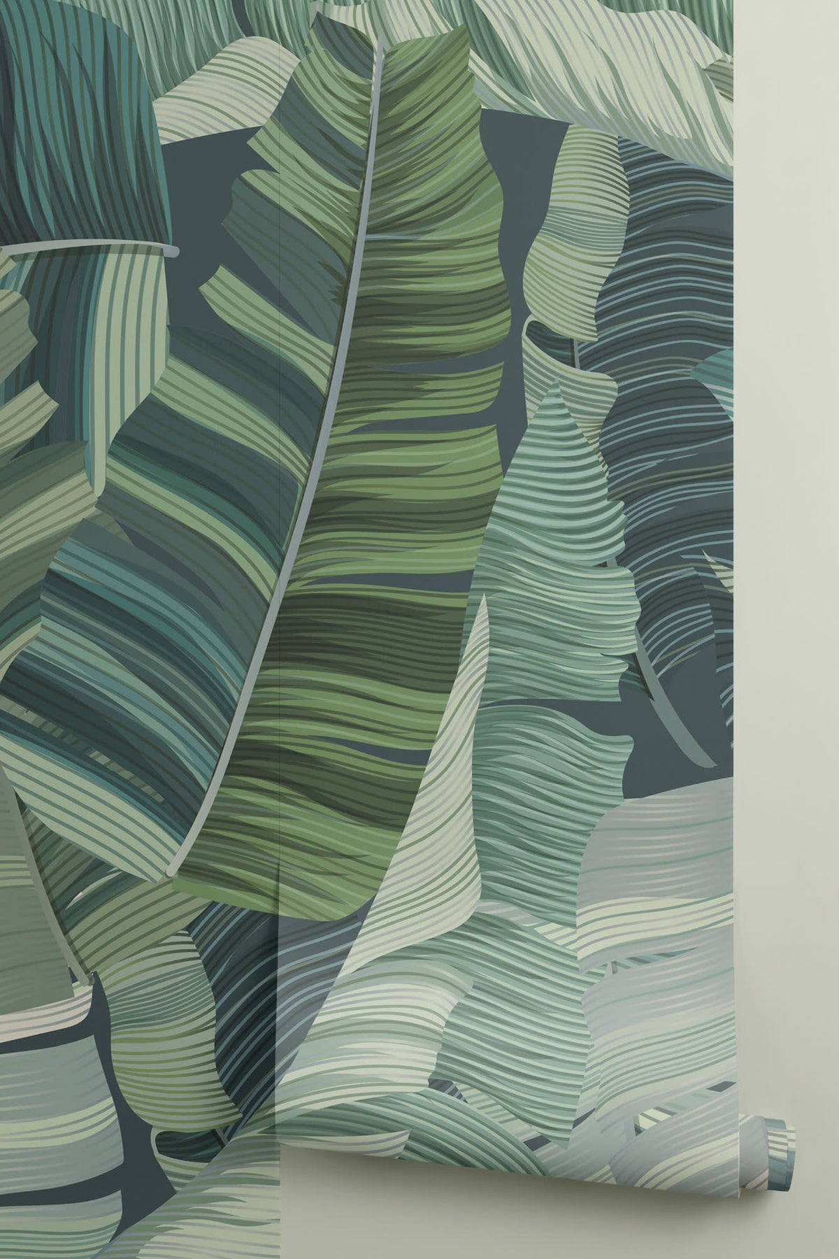 Rolled panel of The Canopy Layers mural in lush green