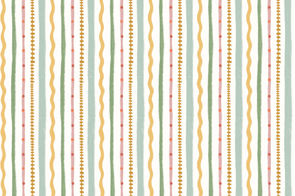 Full artwork view of The Carousel Stripe mural in blush and pistachio, showing wavy and dotted stripes