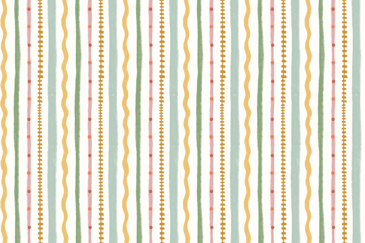 Full artwork view of The Carousel Stripe mural in blush and pistachio, showing wavy and dotted stripes