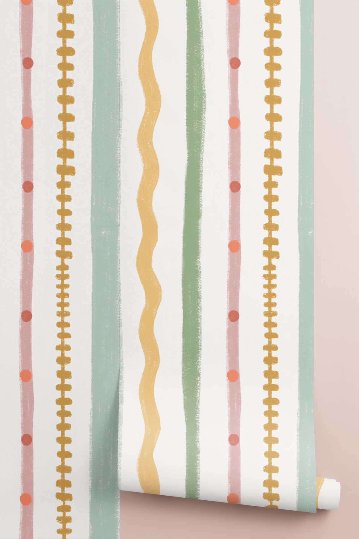 Rolled panel of The Carousel Stripe mural in blush and pistachio