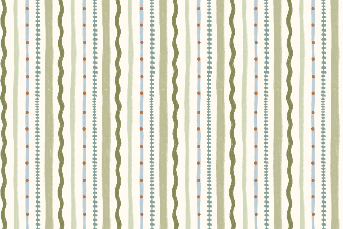 Full artwork view of The Carousel Stripe mural in fern green and sand, showing wavy and dotted stripes