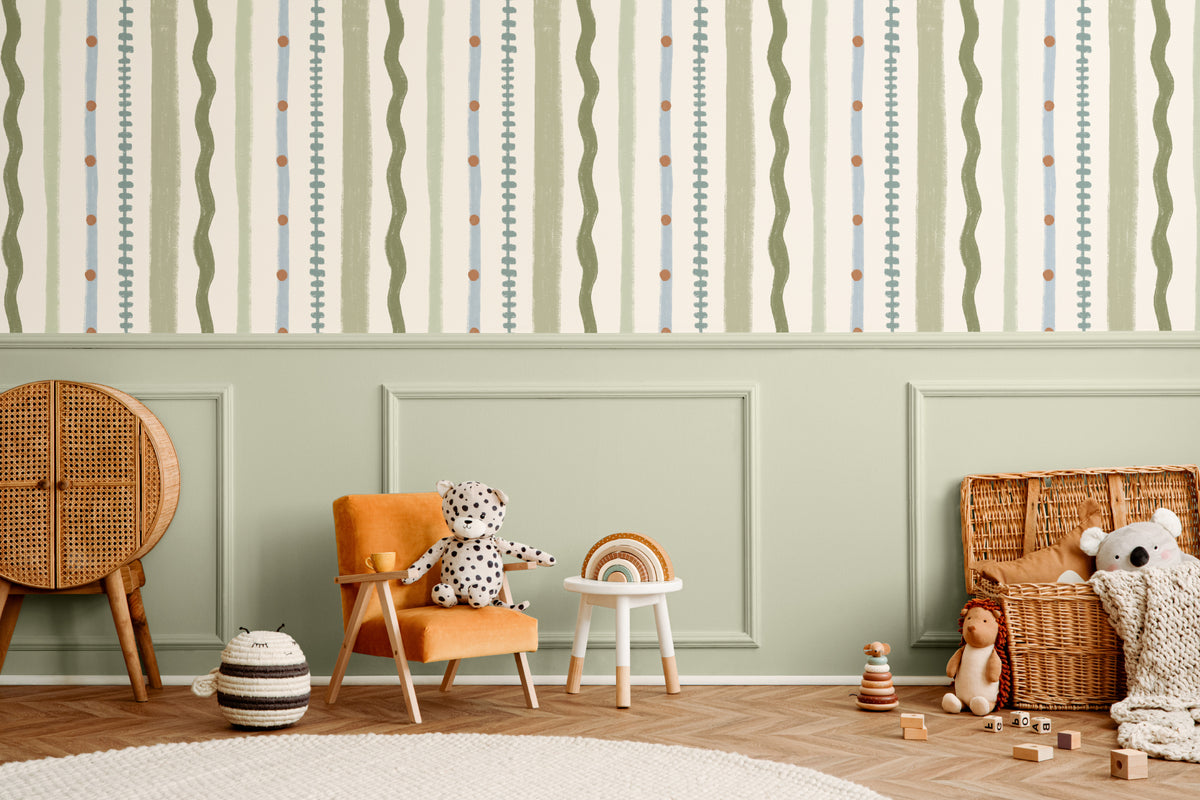 The Carousel Stripe mural in fern green and sand in a children's room setting