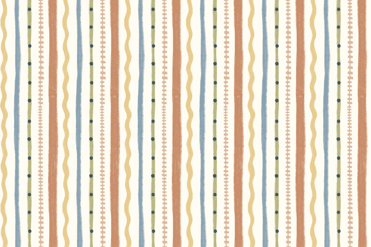 Full artwork view of The Carousel Stripe mural in mustard and sky blue, showing wavy and dotted stripes