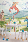 The Castle Storybook mural in dawn blue and meadow green on a nursery wall