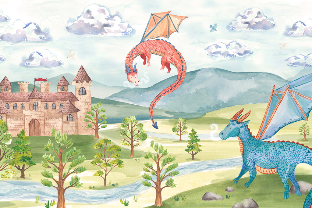 Full artwork view of The Castle Storybook mural in dawn blue and meadow green, showing dragons over a fairytale castle