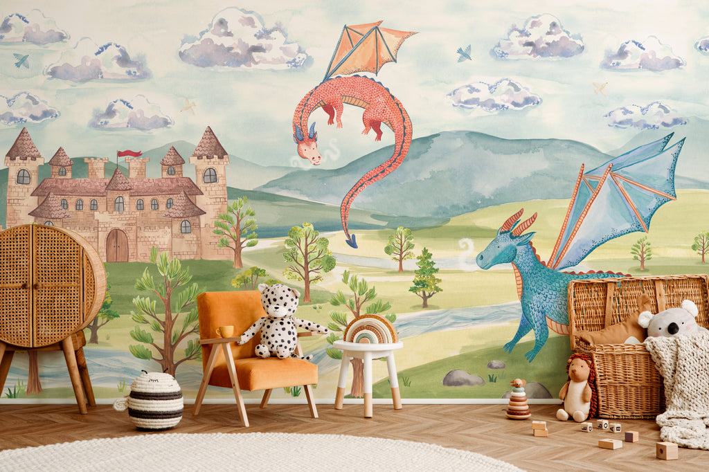 The Castle Storybook mural in dawn blue and meadow green in a child's bedroom