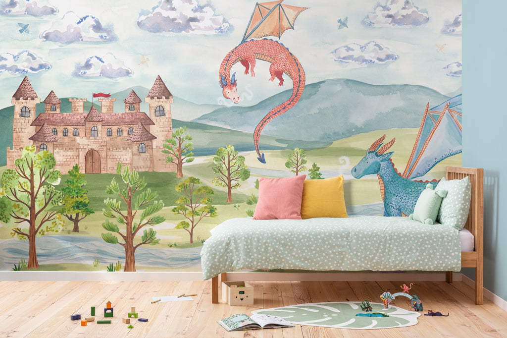 The Castle Storybook mural in dawn blue and meadow green in a children's room setting