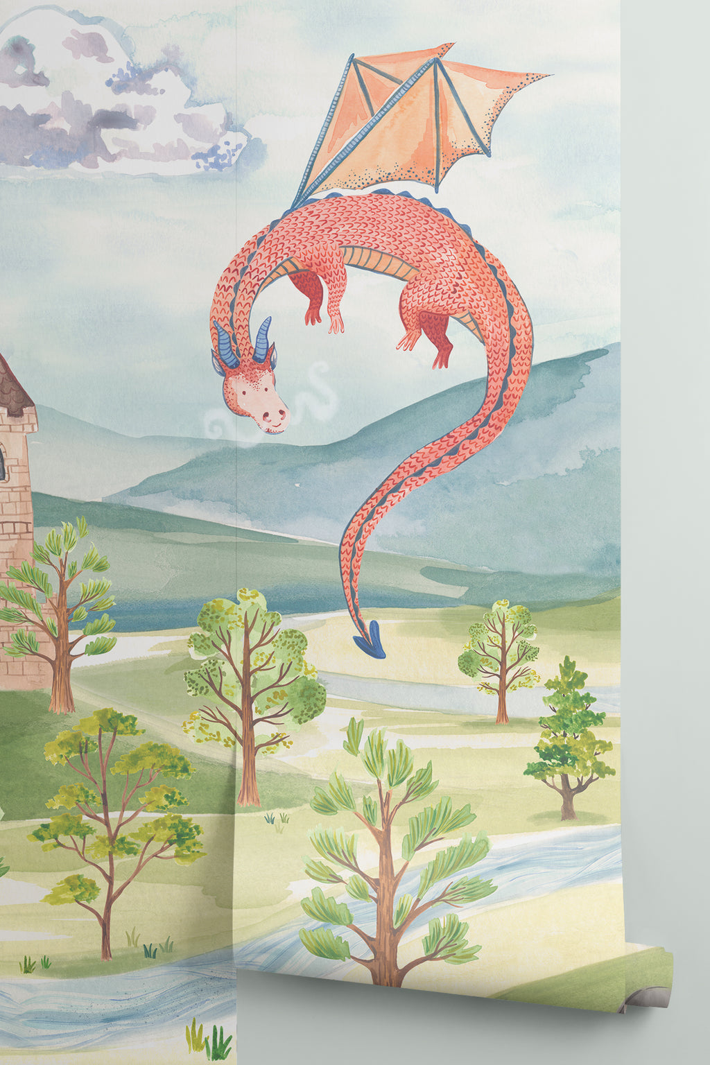 Rolled panel of The Castle Storybook mural in dawn blue and meadow green