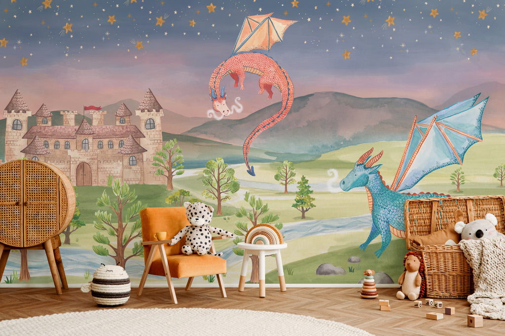 The Castle Storybook mural in twilight violet and moss on a nursery wall