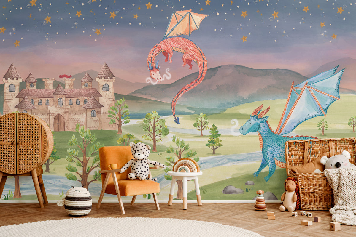 The Castle Storybook mural in twilight violet and moss on a nursery wall