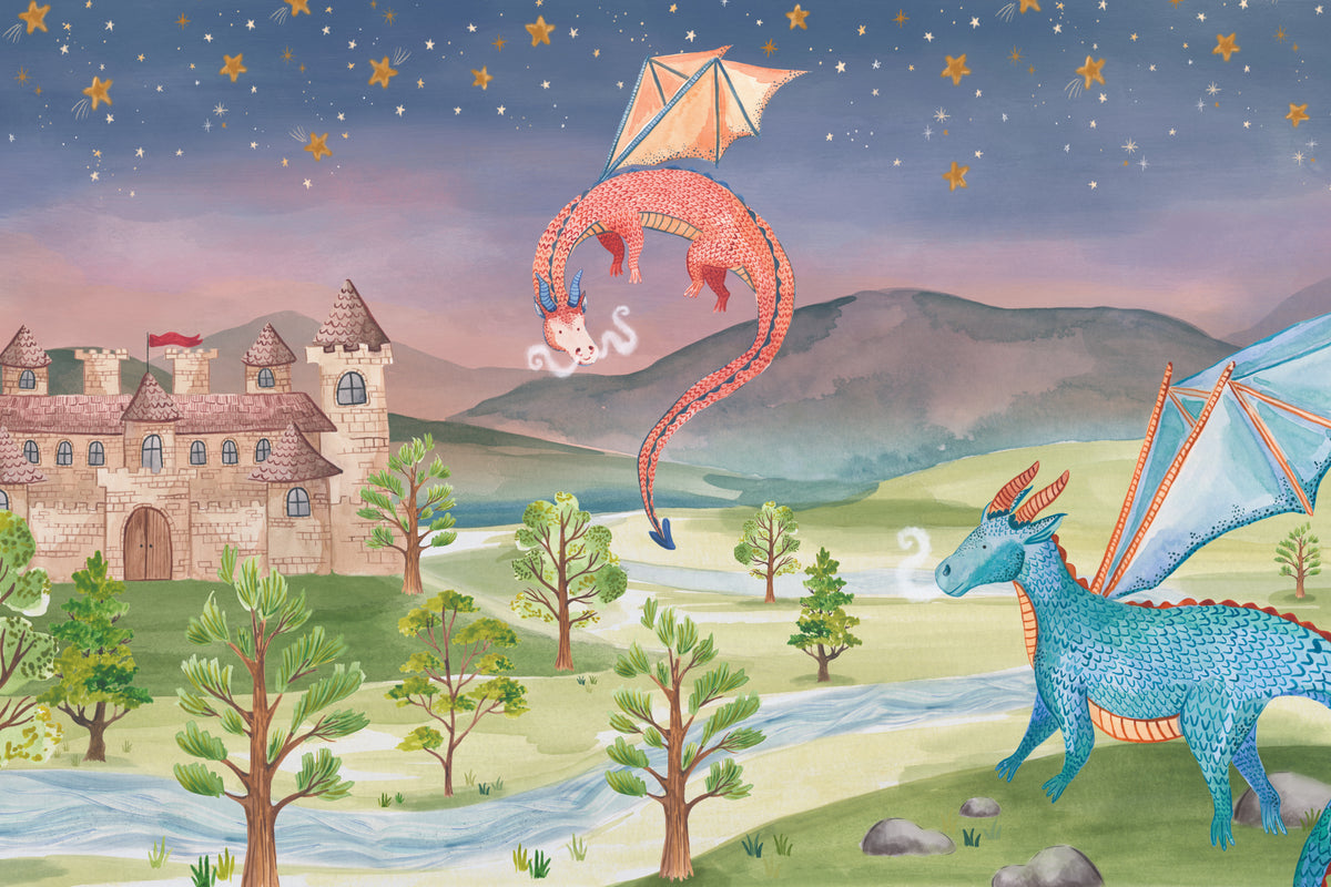 Full artwork view of The Castle Storybook mural in twilight violet and moss, showing dragons over a fairytale castle