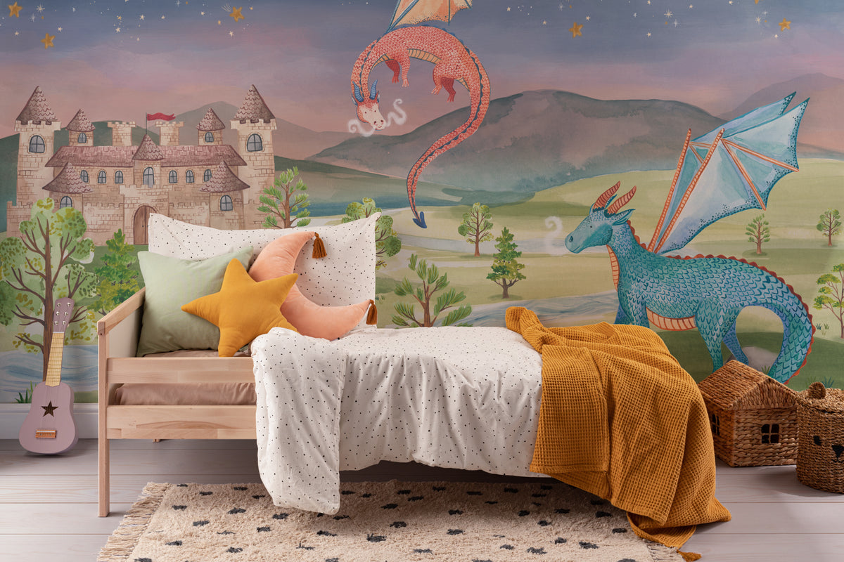 The Castle Storybook mural in twilight violet and moss in a child's bedroom