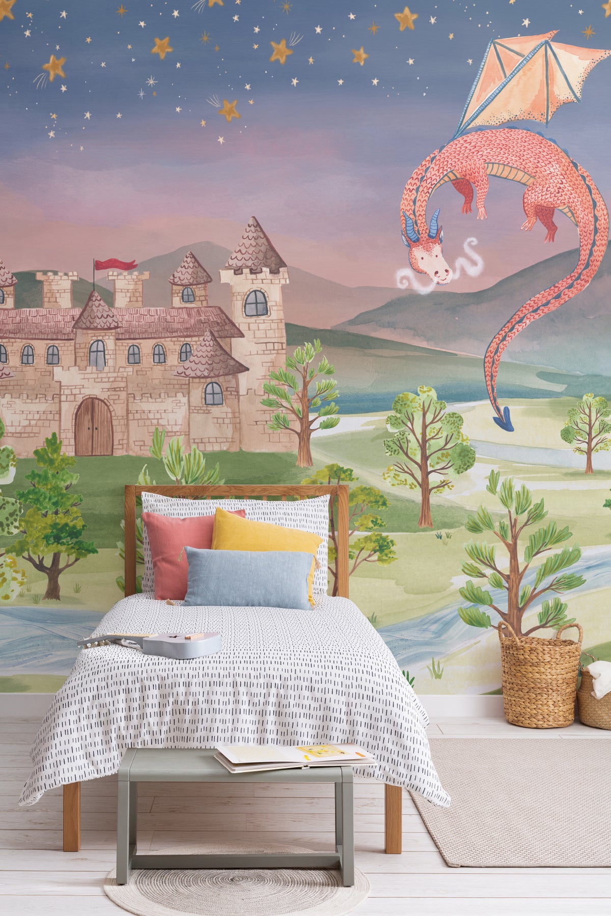The Castle Storybook mural in twilight violet and moss behind a kids' play corner