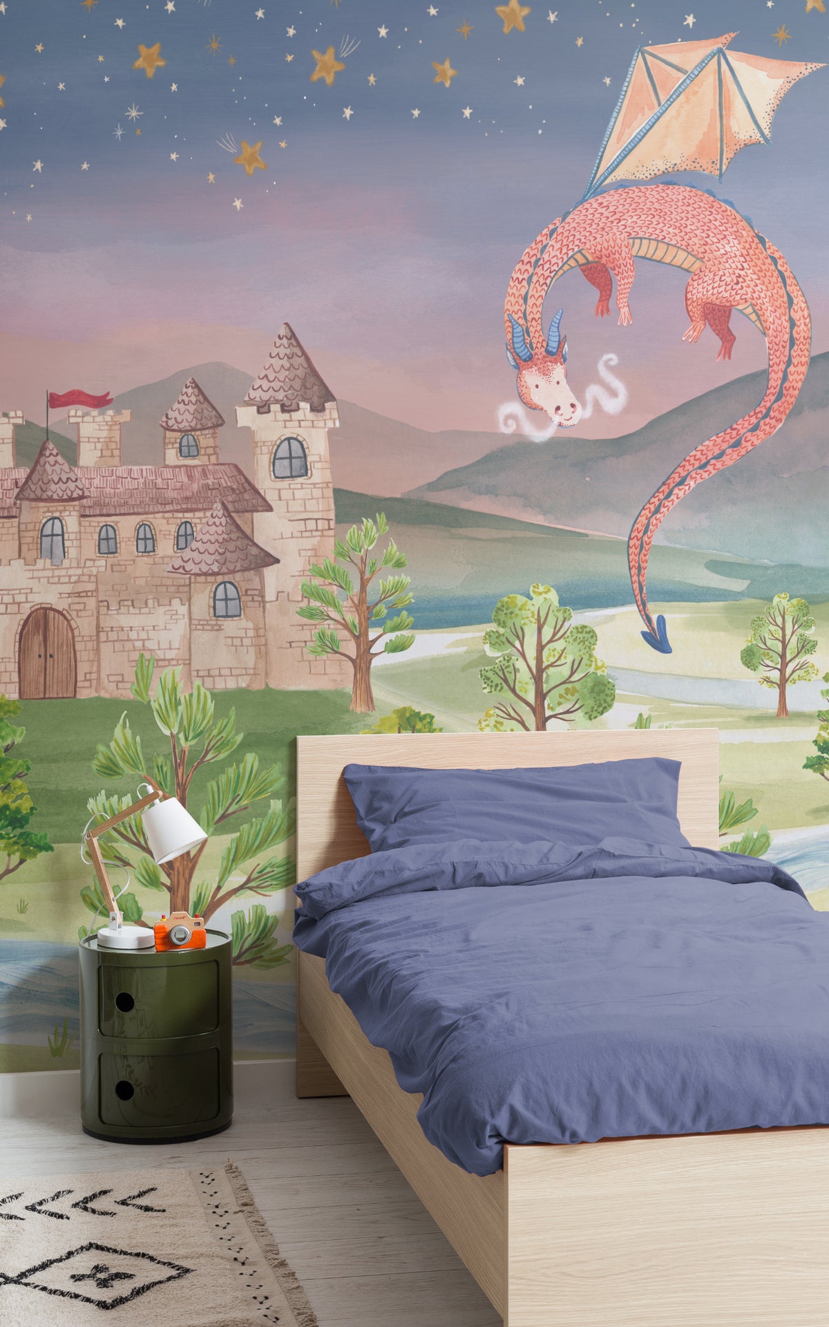 The Castle Storybook mural in twilight violet and moss in a children's room setting