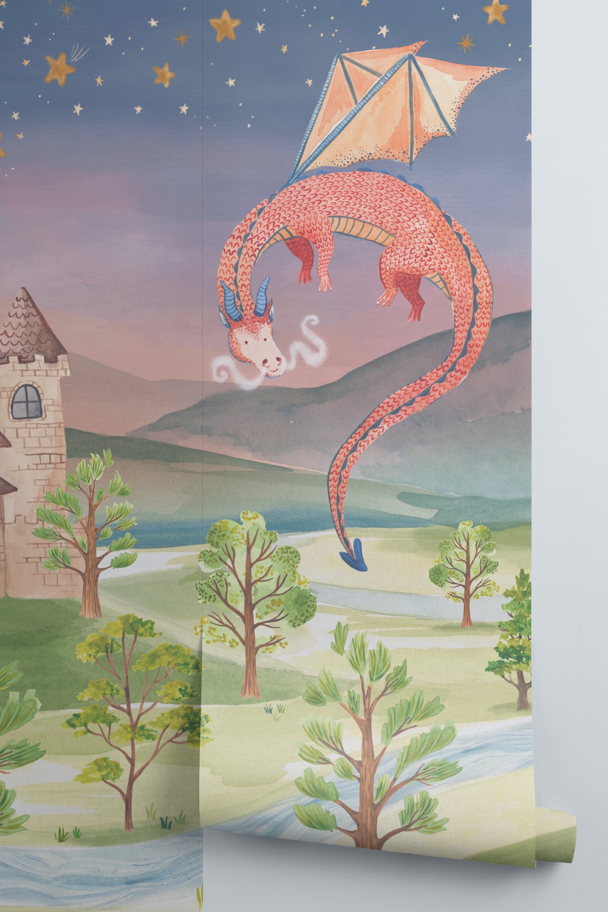 Rolled panel of The Castle Storybook mural in twilight violet and moss