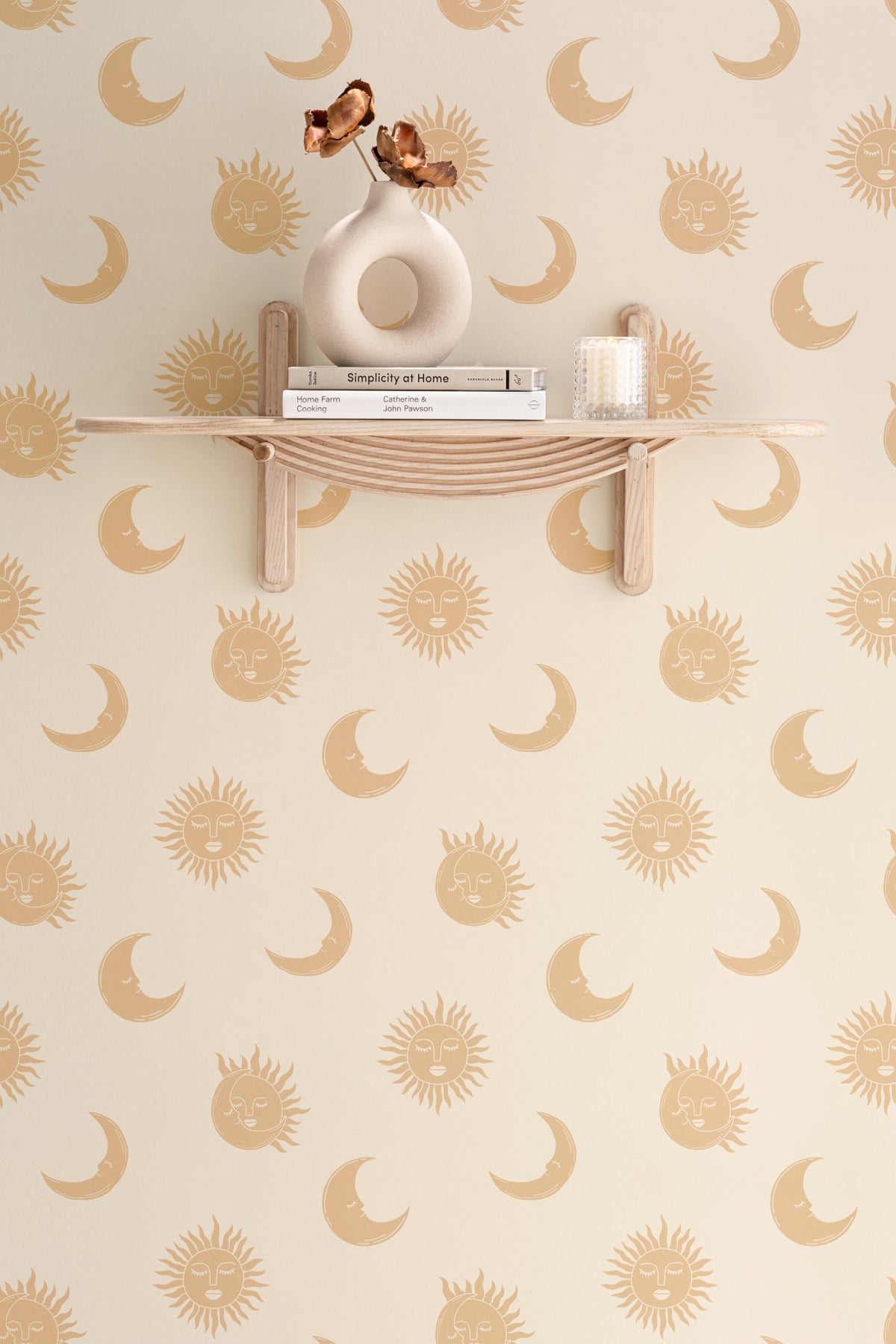 The Celestial Orangery wallpaper in honey yellow behind a styled console