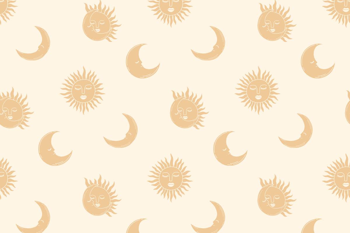 Flat pattern view of The Celestial Orangery wallpaper in honey yellow, showing the suns and crescent moons