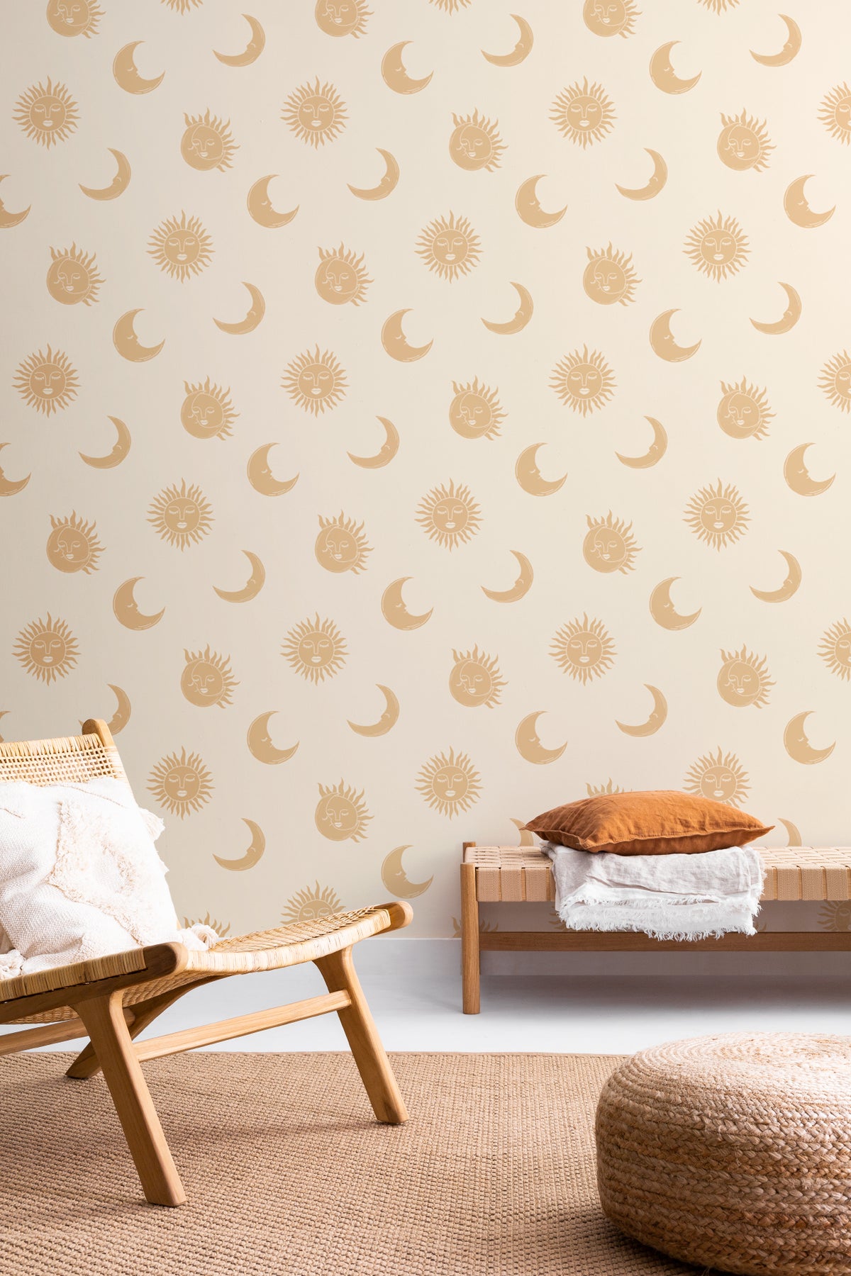 The Celestial Orangery wallpaper in honey yellow in a living room