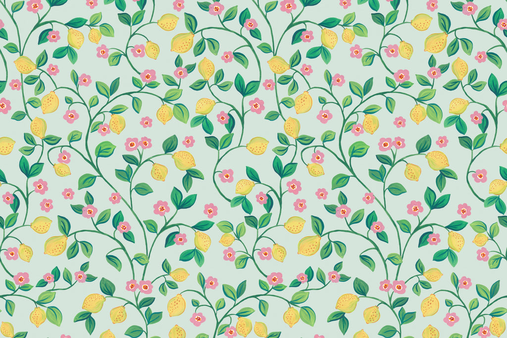 Flat pattern view of The Citrus Grove wallpaper in pale aqua, showing the small citrus and blossom
