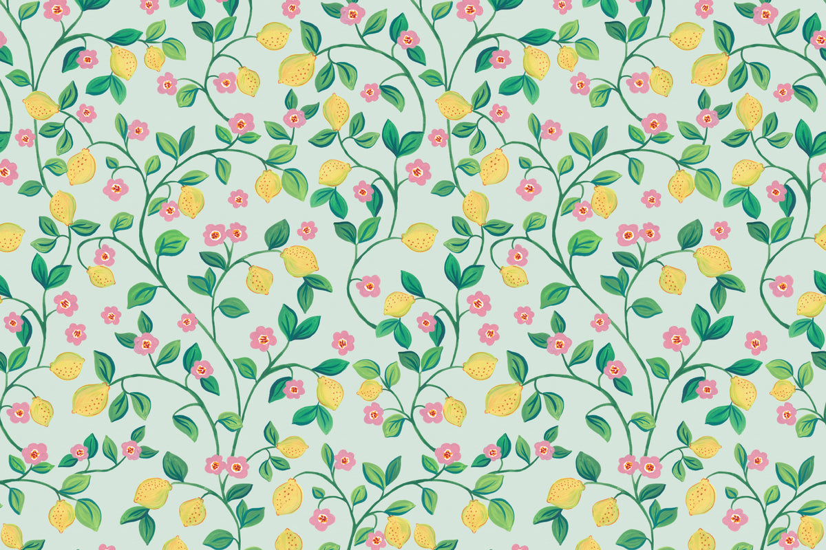 Flat pattern view of The Citrus Grove wallpaper in pale aqua, showing the small citrus and blossom