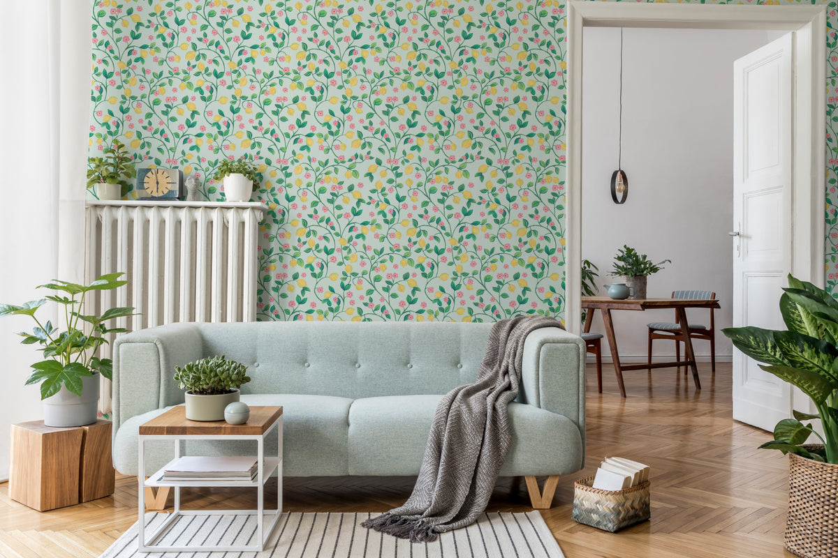 The Citrus Grove wallpaper in pale aqua in a living room