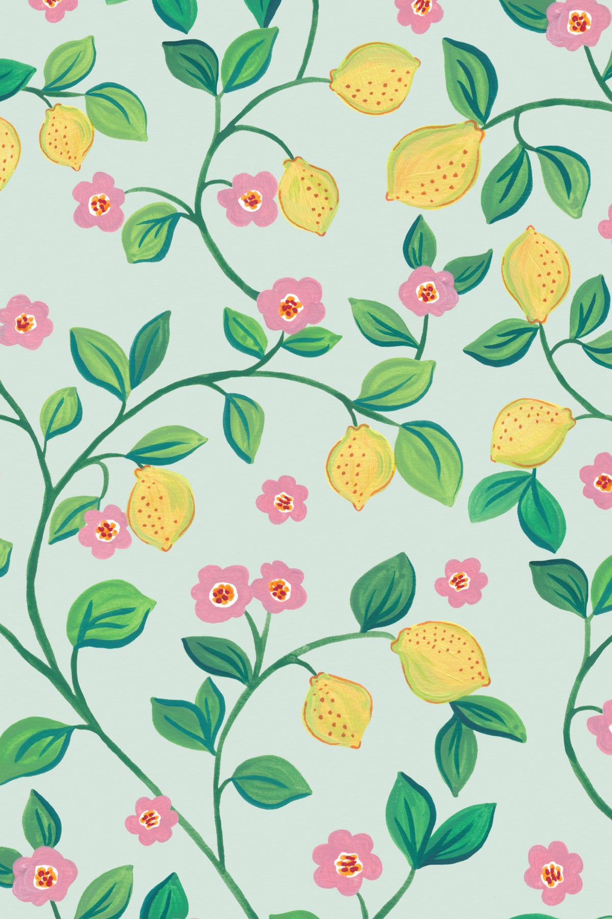 Close-up of The Citrus Grove wallpaper in pale aqua showing the small citrus and blossom in detail