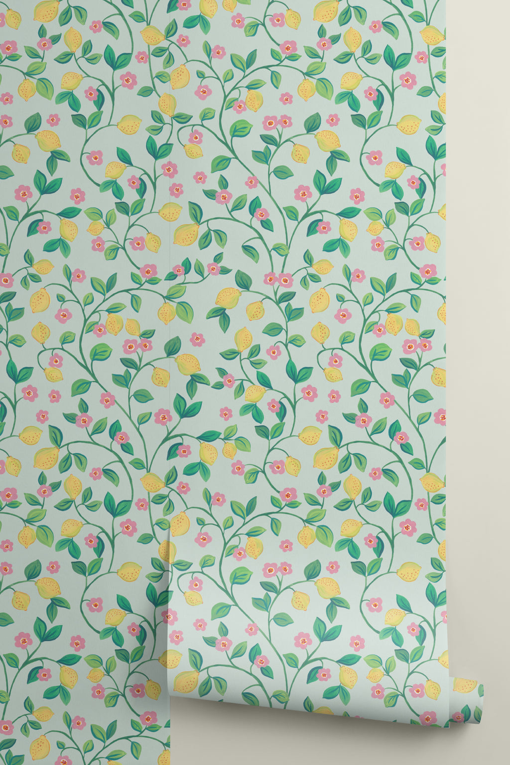 Roll of The Citrus Grove wallpaper in pale aqua