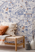 The Coastline Terrace wallpaper in cobalt blue in a living room