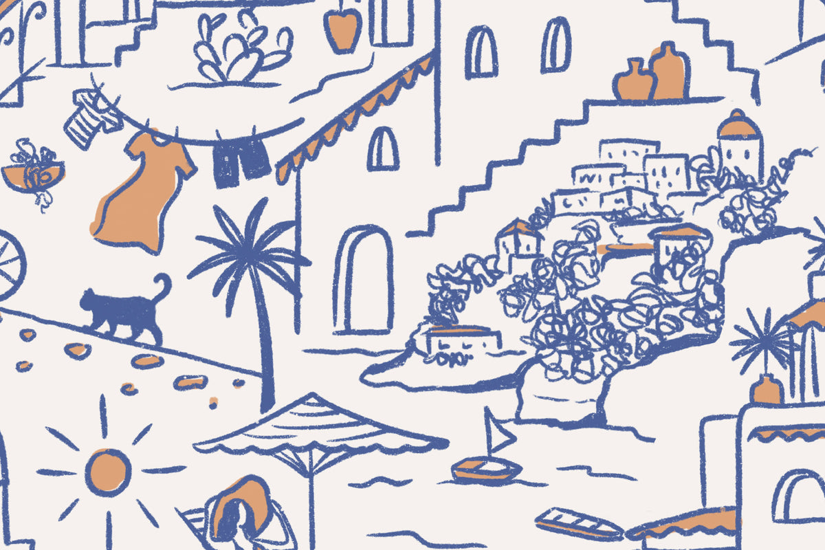 Flat pattern view of The Coastline Terrace wallpaper in cobalt blue, showing the seaside village sketch