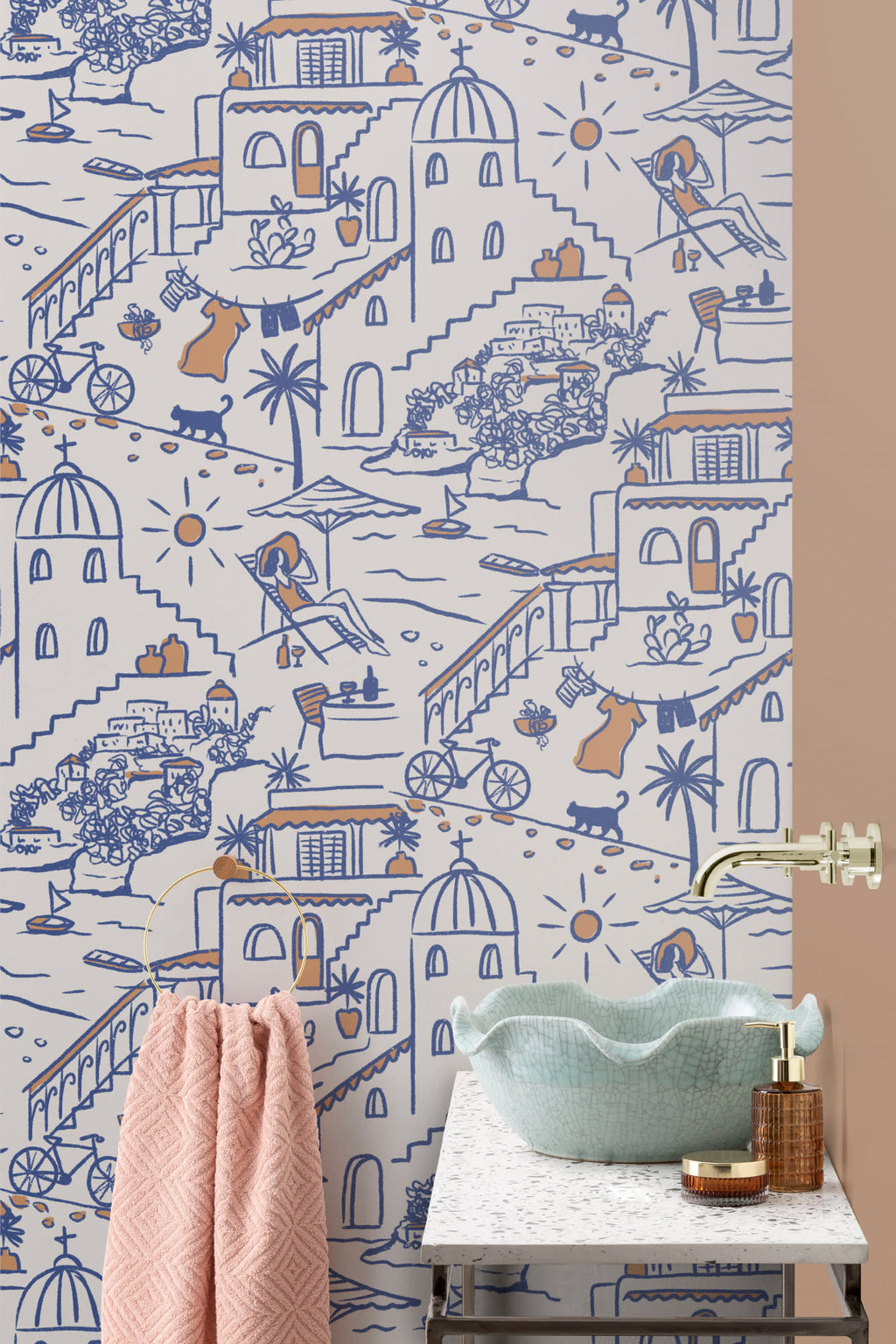 The Coastline Terrace wallpaper in cobalt blue behind a styled console