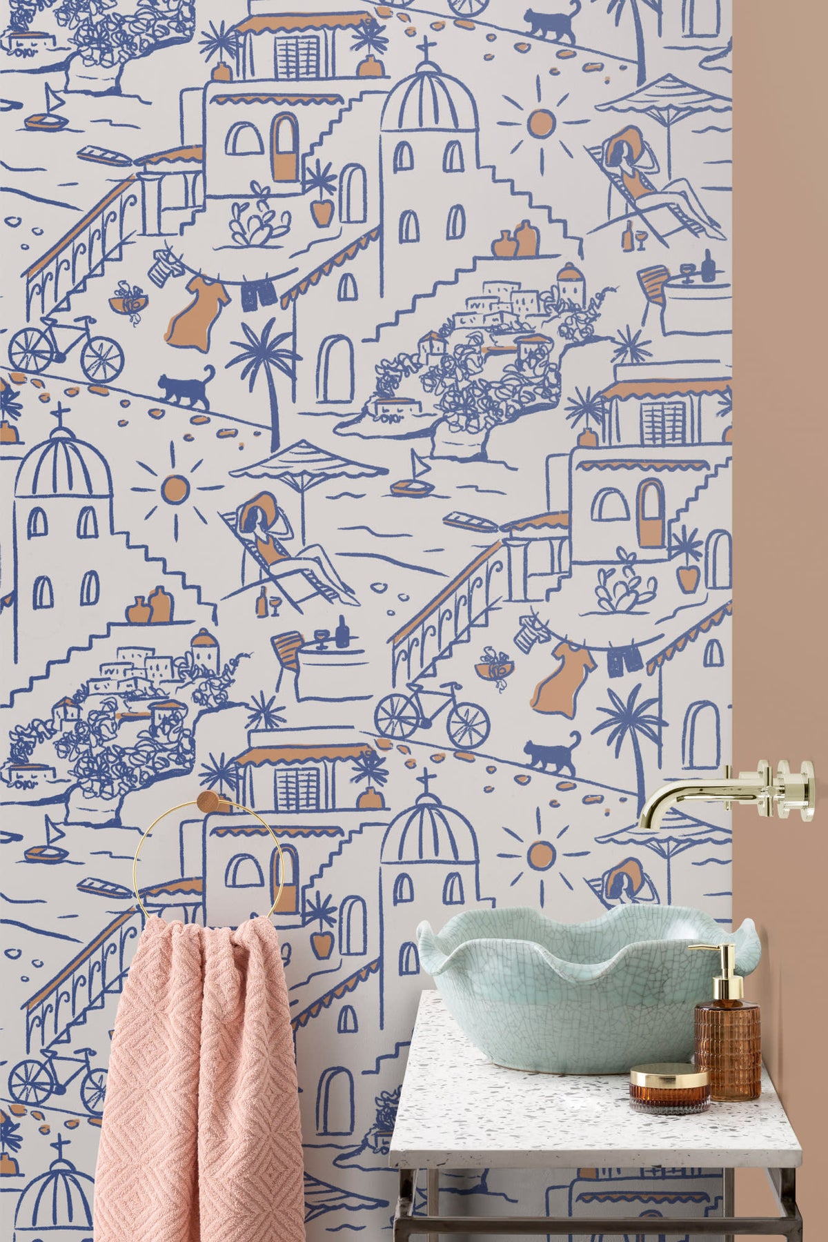 The Coastline Terrace wallpaper in cobalt blue behind a styled console
